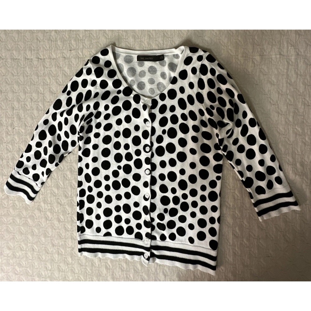 The Limited Women's Sz S Black & White Polka Dot Button-Front Cardigan 3/4 Sle